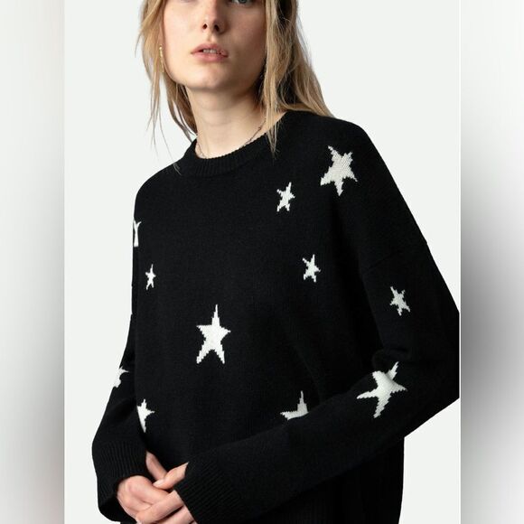 Zadig & Voltaire Markus Stars black/white 100% Cashmere oversized sweater M. NWT - Picture 1 of 12